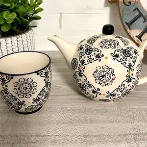 T2 ceramic teapot w Strainer and Cup white w/ black mandala style pattern